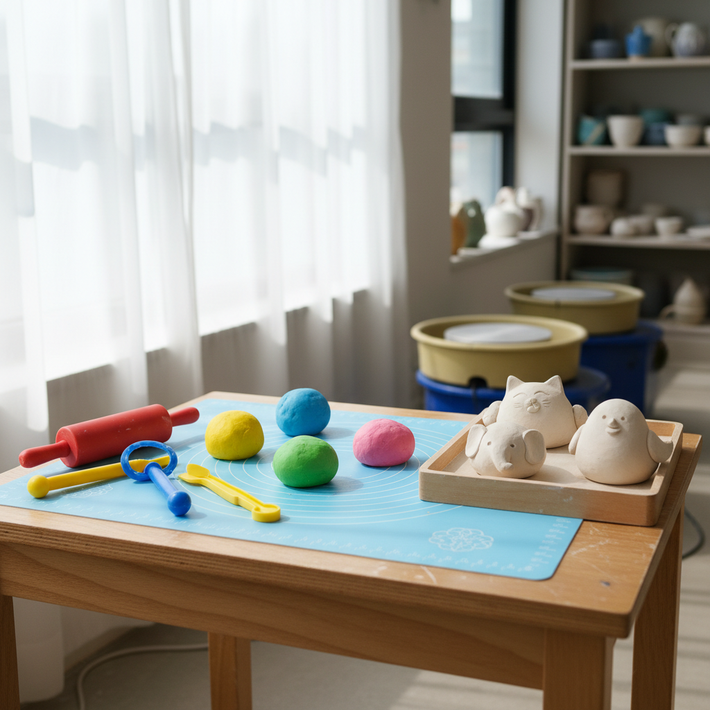 A bright, playful photographic setup of a child-friendly pottery workspace in the studio, featuring a low table covered with a clean, washable mat, several small lumps of colorful, non-toxic clay, and oversized, easy-grip plastic tools. Nearby, a few simple, whimsical animal-shaped pinch pots in white earthenware dry on a tray, ready for firing. Natural daylight streams in from a large window, softened by sheer curtains, creating a cheerful glow and minimal harsh shadows. Captured at a slightly elevated, eye-level angle, the composition uses the rule of thirds to balance the materials and finished pieces. The mood is joyful and safe, highlighting specialized ateliers for children and parent-child sessions within a professional educational pottery setting.